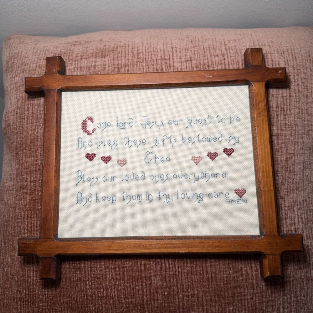 Vintage Framed Cross Stitch Come Lord Jesus Dinner Prayer Sampler Farmhouse - Picture 3 of 12